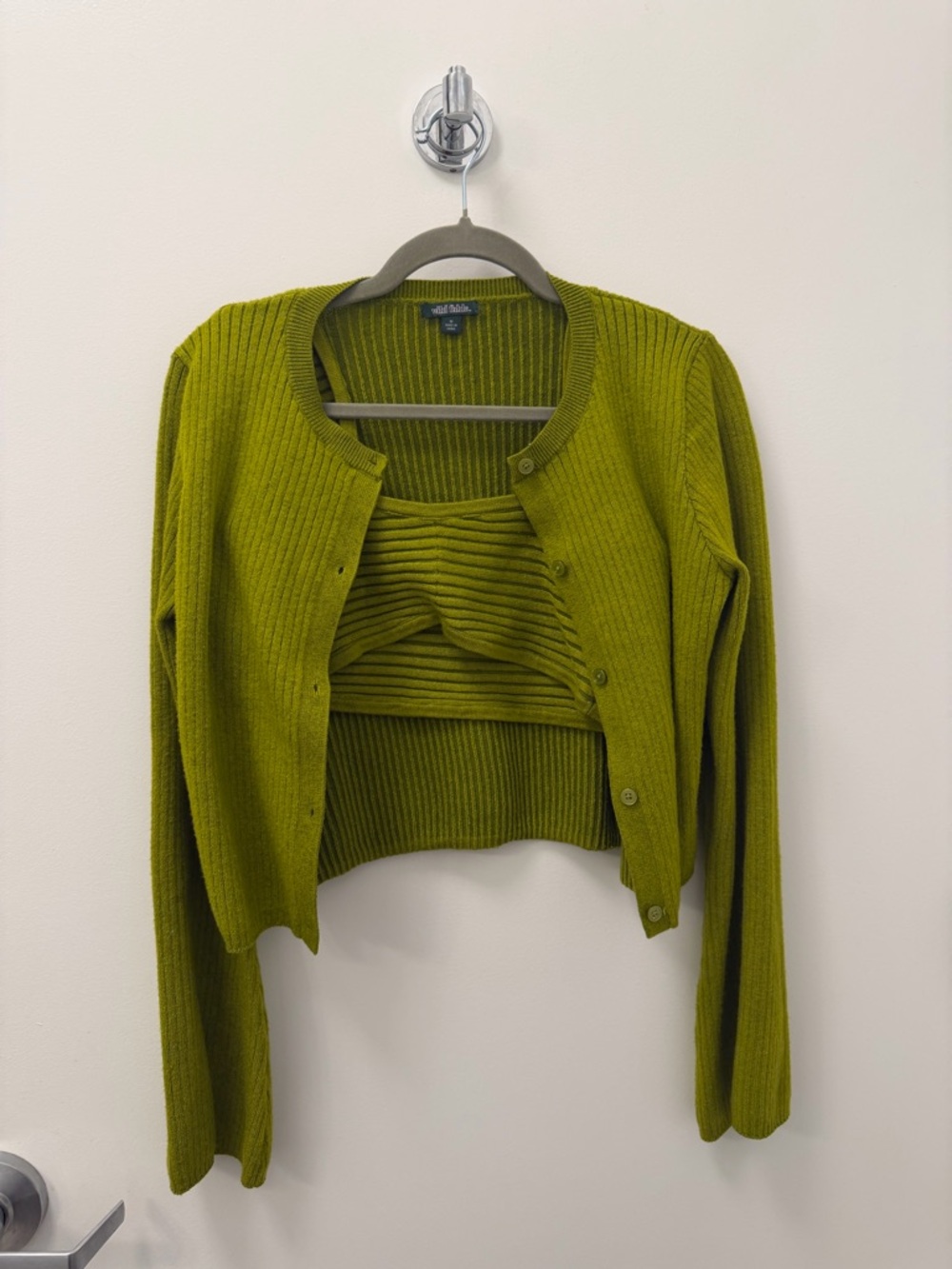 Lime Green Ribbed Cardigan and Cropped Tank Set